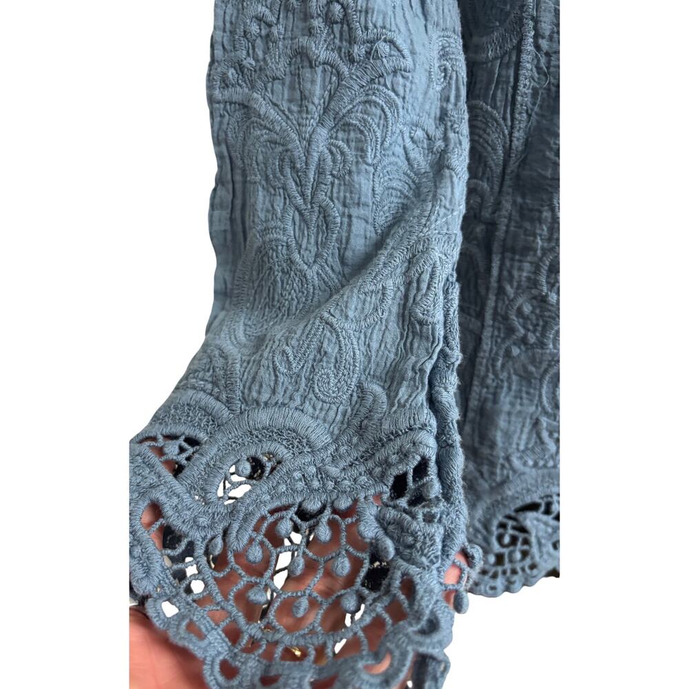 Oddy Blouse Medium Blue Boho Lace Embroidered Tassel Tie Peasant Top Nee - Picture 5 of 9